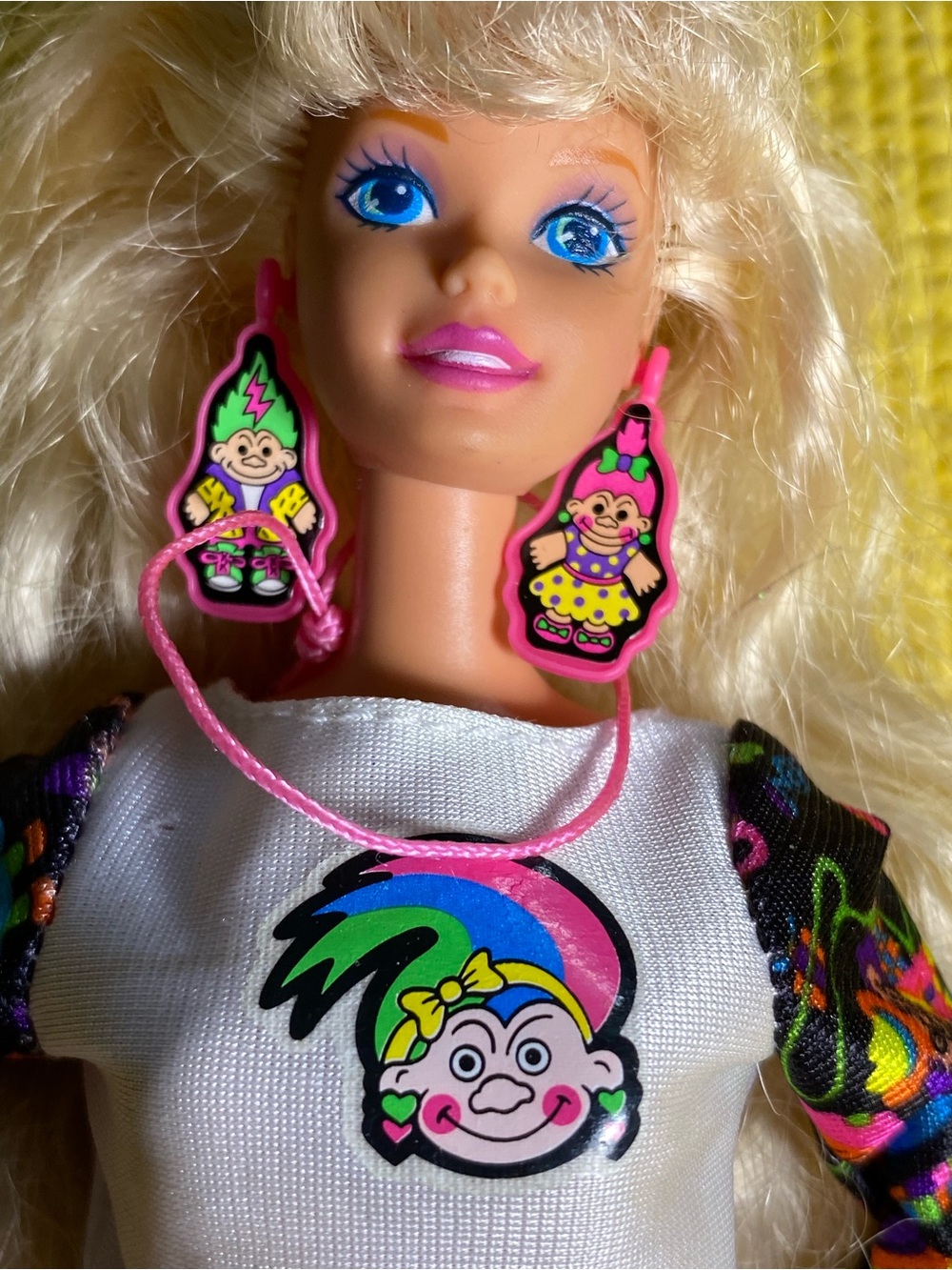 Blonde Doll with Troll Graphic Top & Pink Troll Earrings 1976